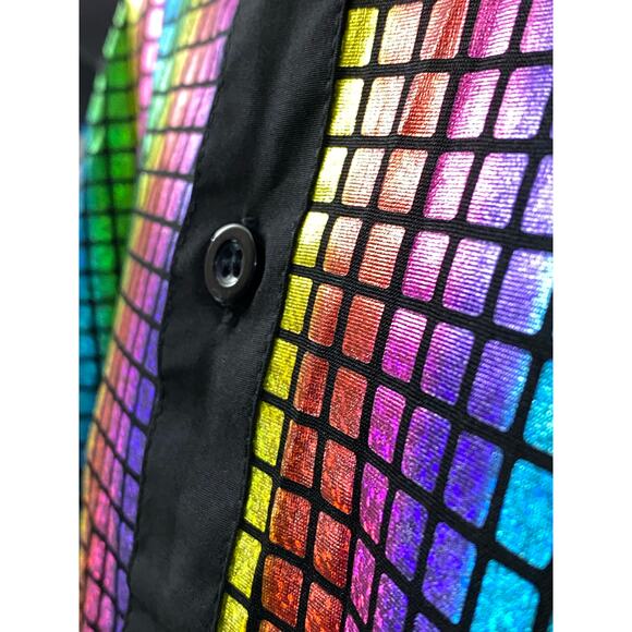 Men's Metalic Disco Rainbow Short Sleeve Button Shirt 2XL  27x30 - Picture 7 of 8